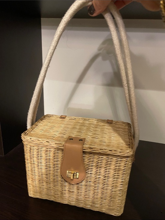 Handbags - Woven Straw Tote Box Bag with Tan Leather Accent